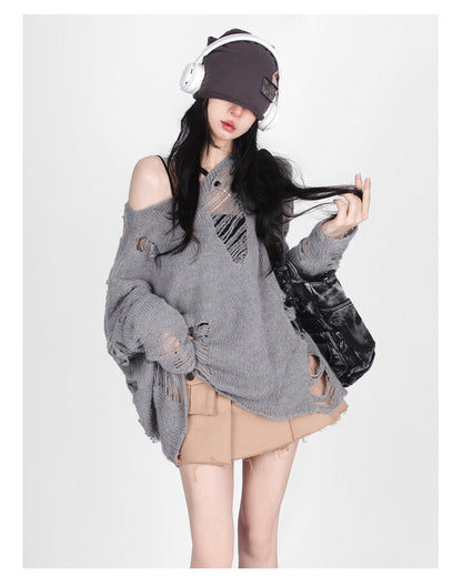 Casual Broken Holes Long Sleeves Knitted Sweaters