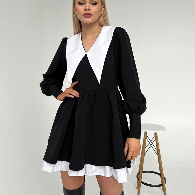 Designer Doll-Collar Cinched-Waist Slimming Little Black Dress