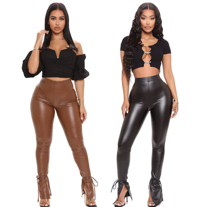 Fashion Elastic Bandage Trumpet Pu Pants