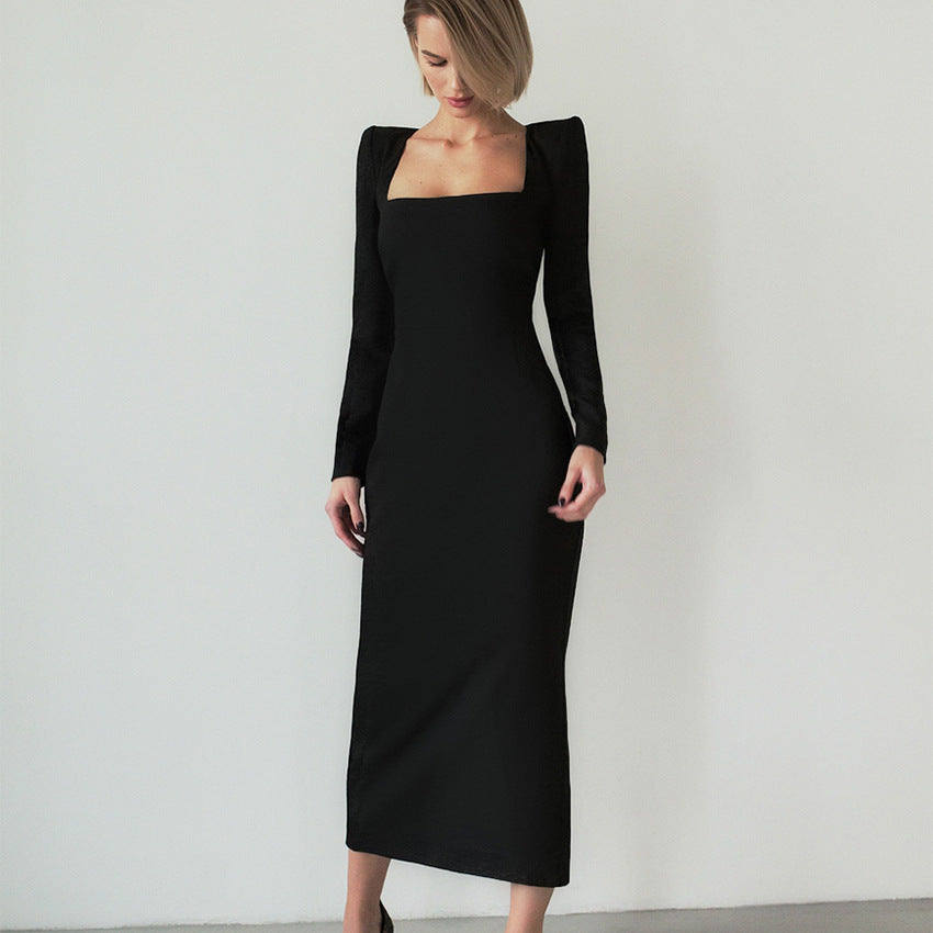 Designed Square Neckline Long Sheathe Black Dresses