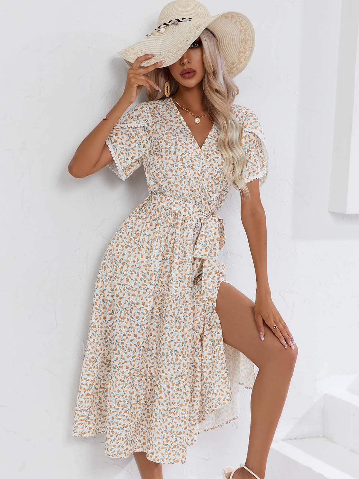 Leisure Summer V Neck Women Midi Dresses