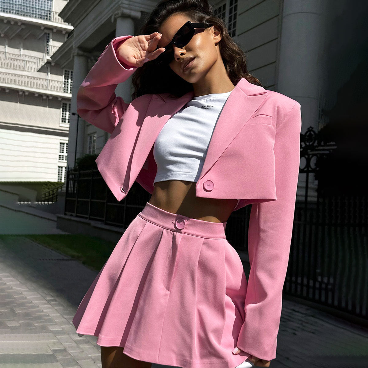Designed Short Blazers & Mini Skirts Two Pieces Suits