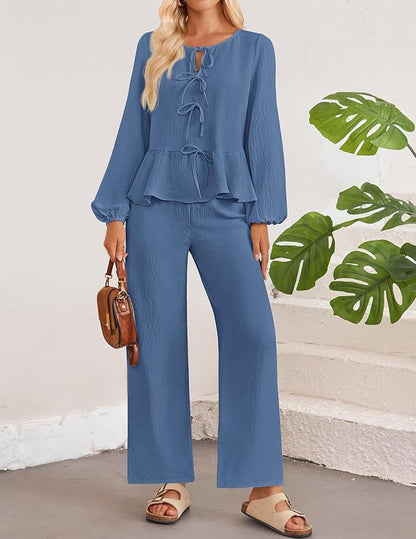 Casual Women Long Sleeves V Neck Shirts and Pants Suits