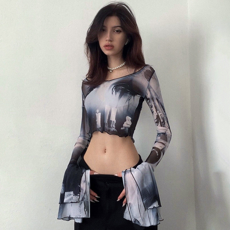 Summer Sexy Trumpet Sleeves Midriff Baring Women Shirts