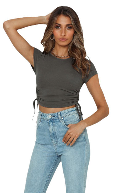 Sexy Round Neck Drawstring Midriff Baring Short Sleeves T Shirts