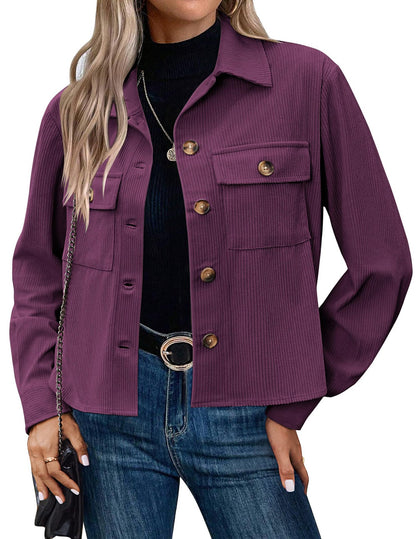 Women's Fashion Casual Short Shirt Corduroy Button-up Top Jackets