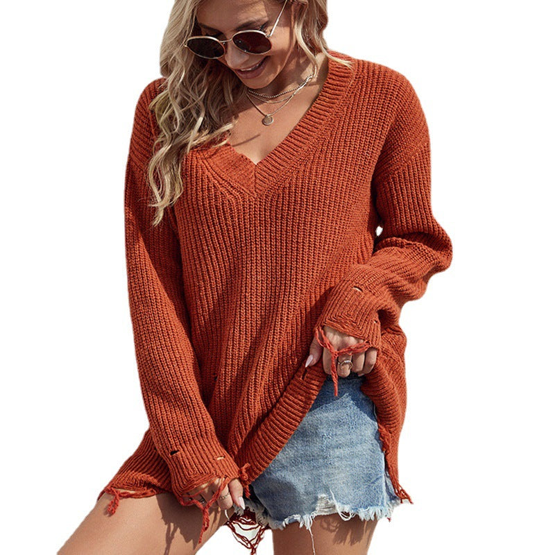 Casual V Neck Long Sleeves Knitted Fall Sweaters