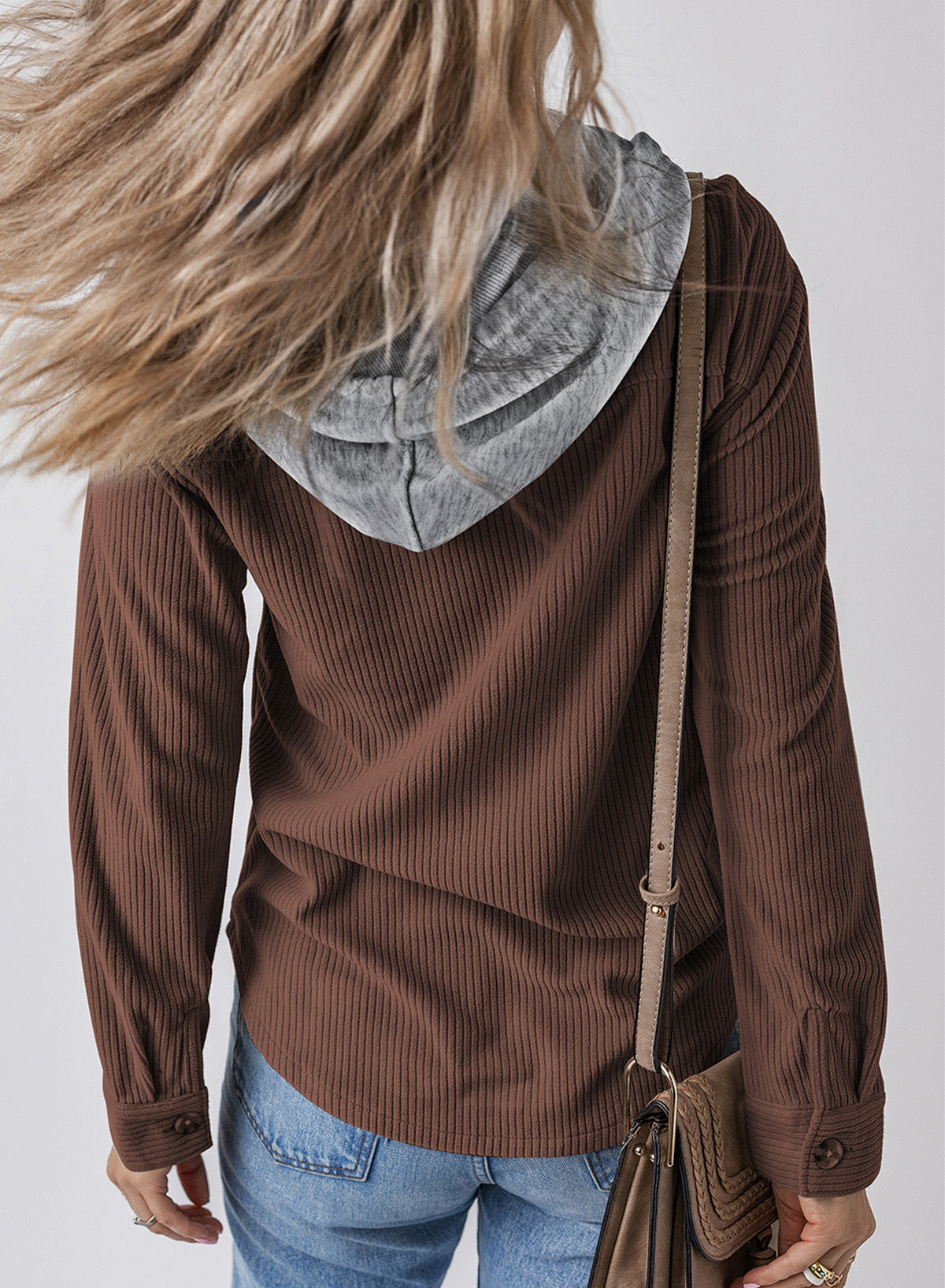 Women Lapel Buckle Cardigan Hooded Pull Rope Striped Jacket Coats