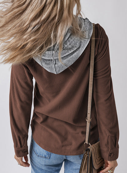 Women Lapel Buckle Cardigan Hooded Pull Rope Striped Jacket Coats