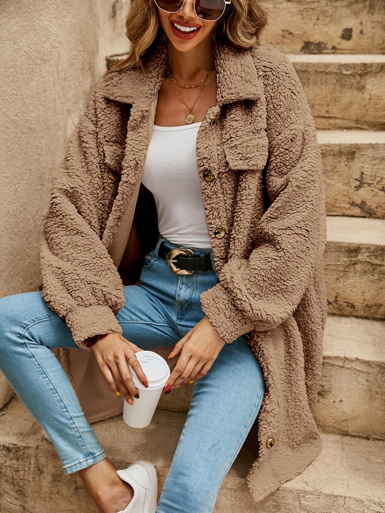 Fashion Turnover Collar Women Long Outerwear