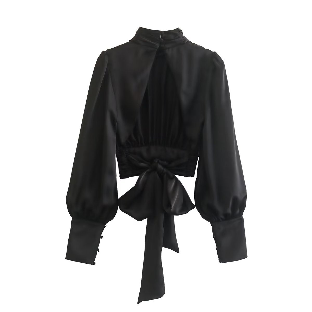 Black Satin Summer Short Blouses for Women