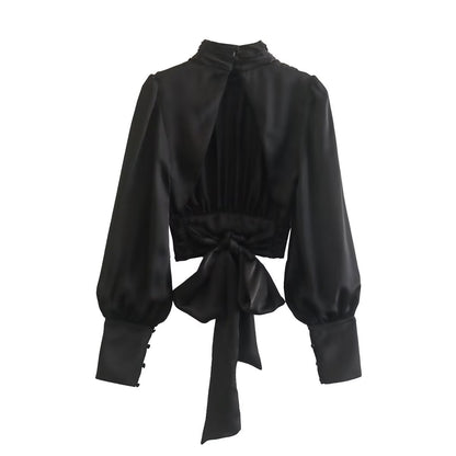 Black Satin Summer Short Blouses for Women