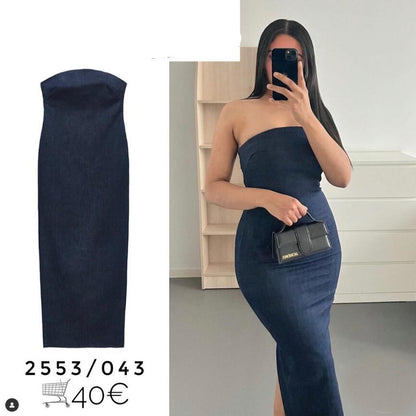 Sexy Back Zippered Strapless Denim Dresses