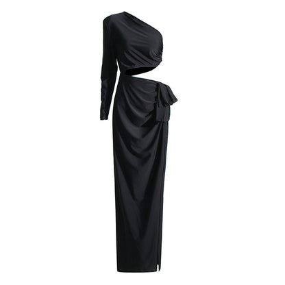 Sexy One Shoulder Waist Baring Black Evening Party Dresses