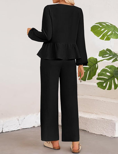 Casual Women Long Sleeves V Neck Shirts and Pants Suits