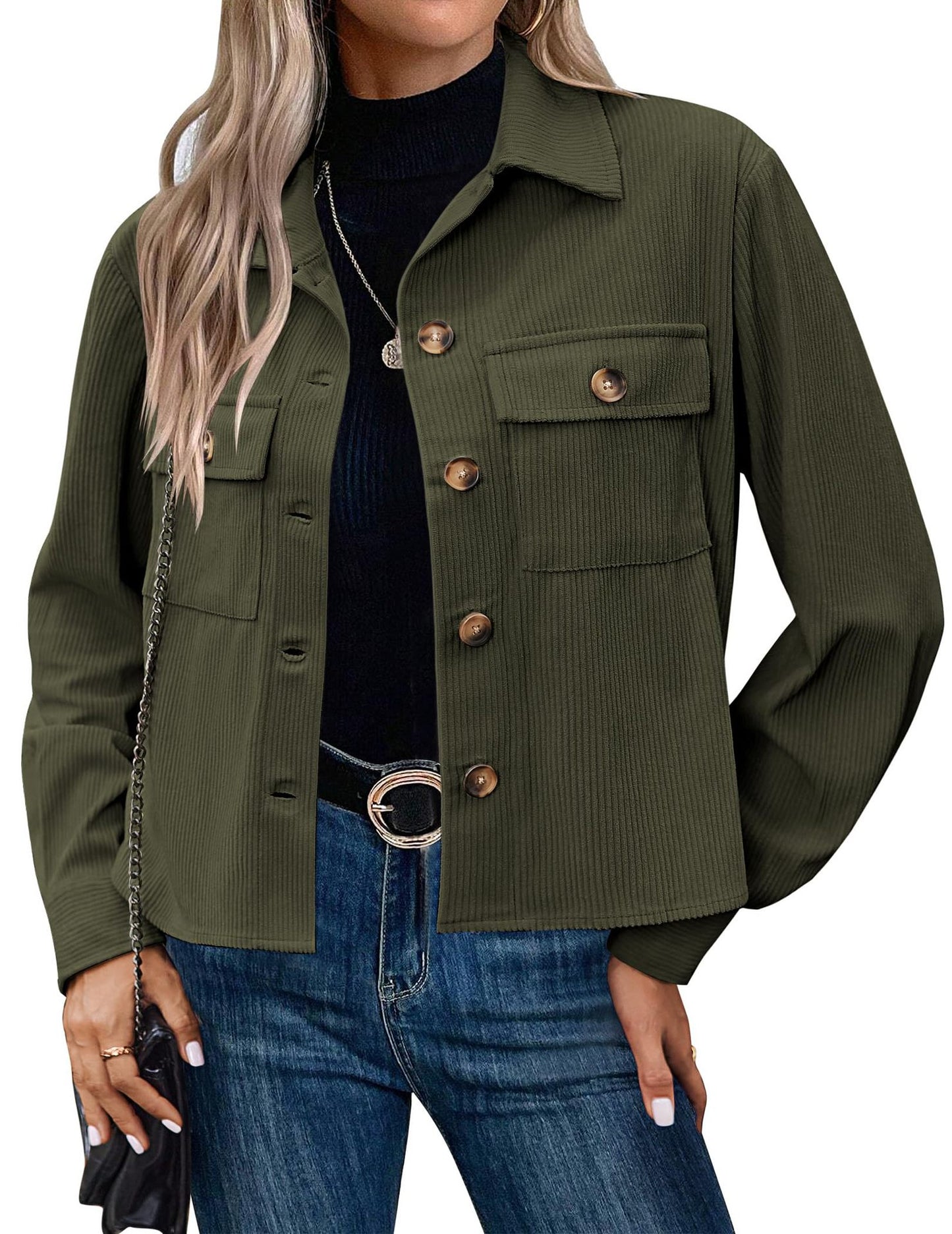 Women's Fashion Casual Short Shirt Corduroy Button-up Top Jackets