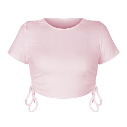Sexy Round Neck Drawstring Midriff Baring Short Sleeves T Shirts