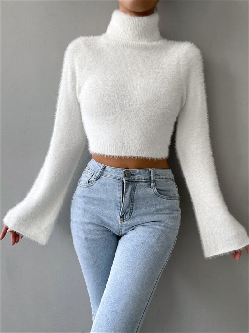 Casual High Neck Midriff Short Sweaters