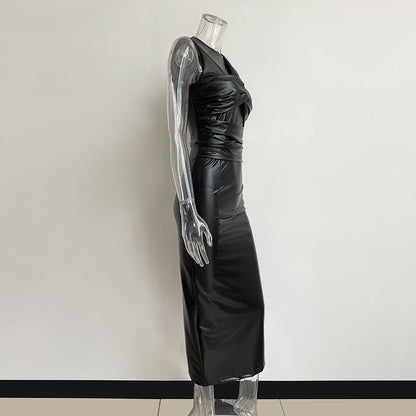 Vintage Irregular PU Leather Sleeveless Long Dresses