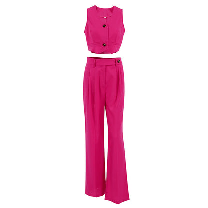 Fashion Linen Sleeveless Vest and Wide Legs Pants Suits