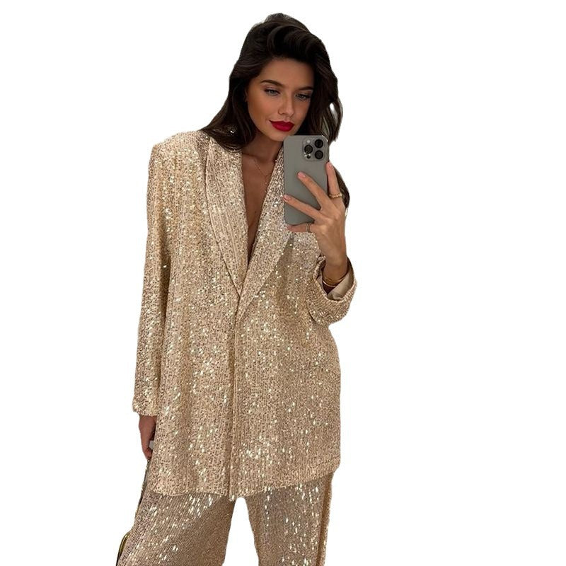 Elegant Sequined Blazers and Pants Two Pieces Sets