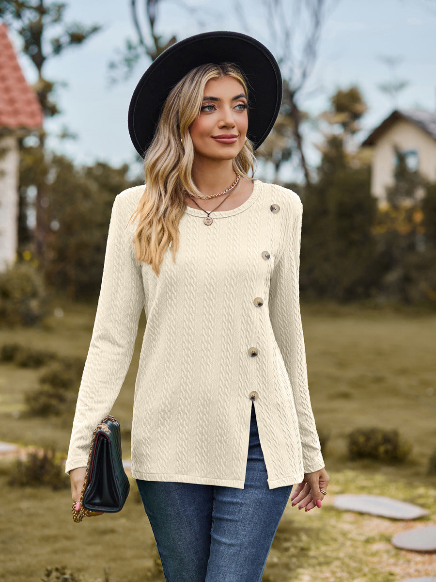 Fashion Round Neckline Button Long Sleeves Shirts