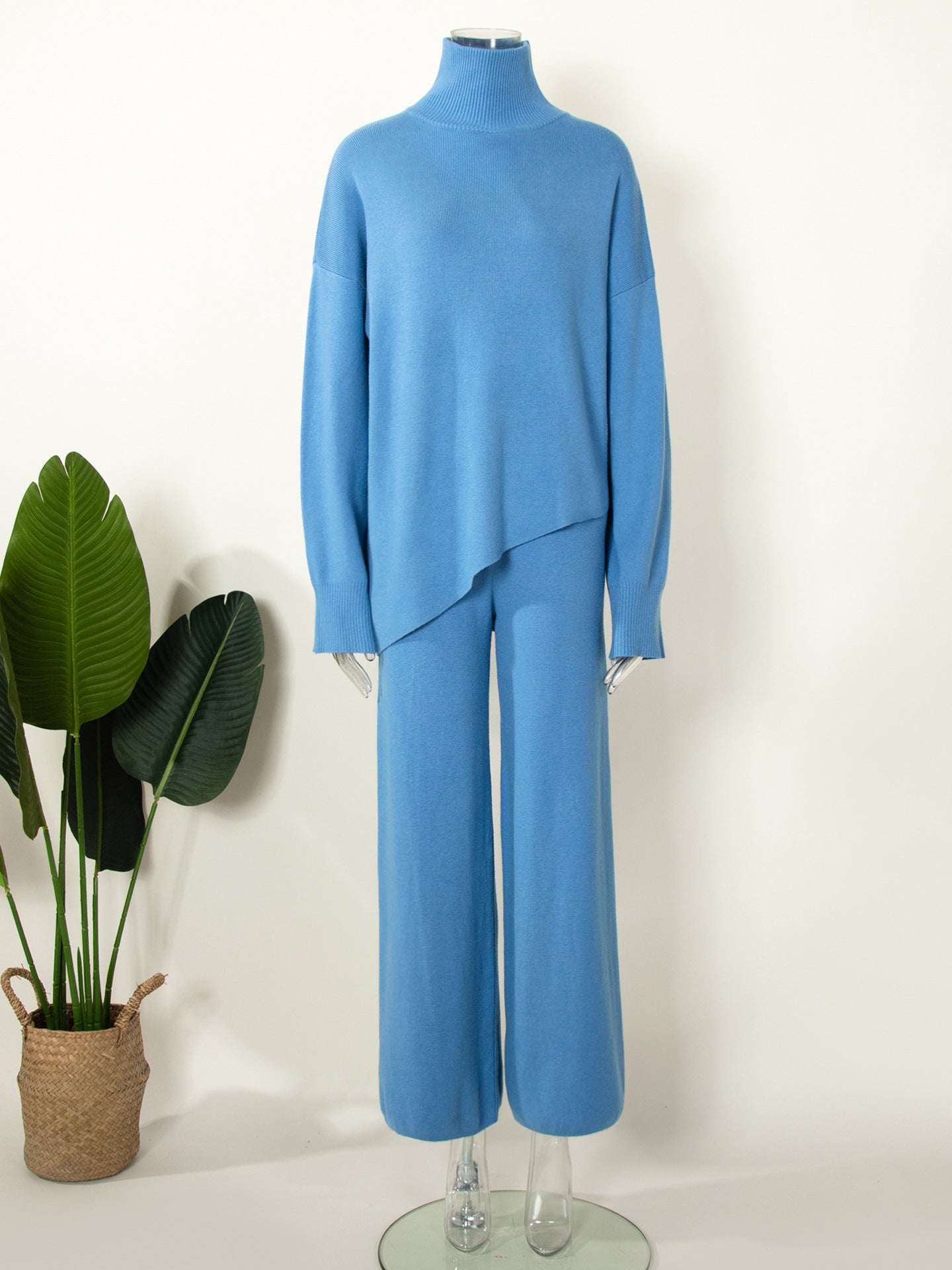 Casual Irregular Pullover Sweaters and Wide Legs Pants Outfits Sets