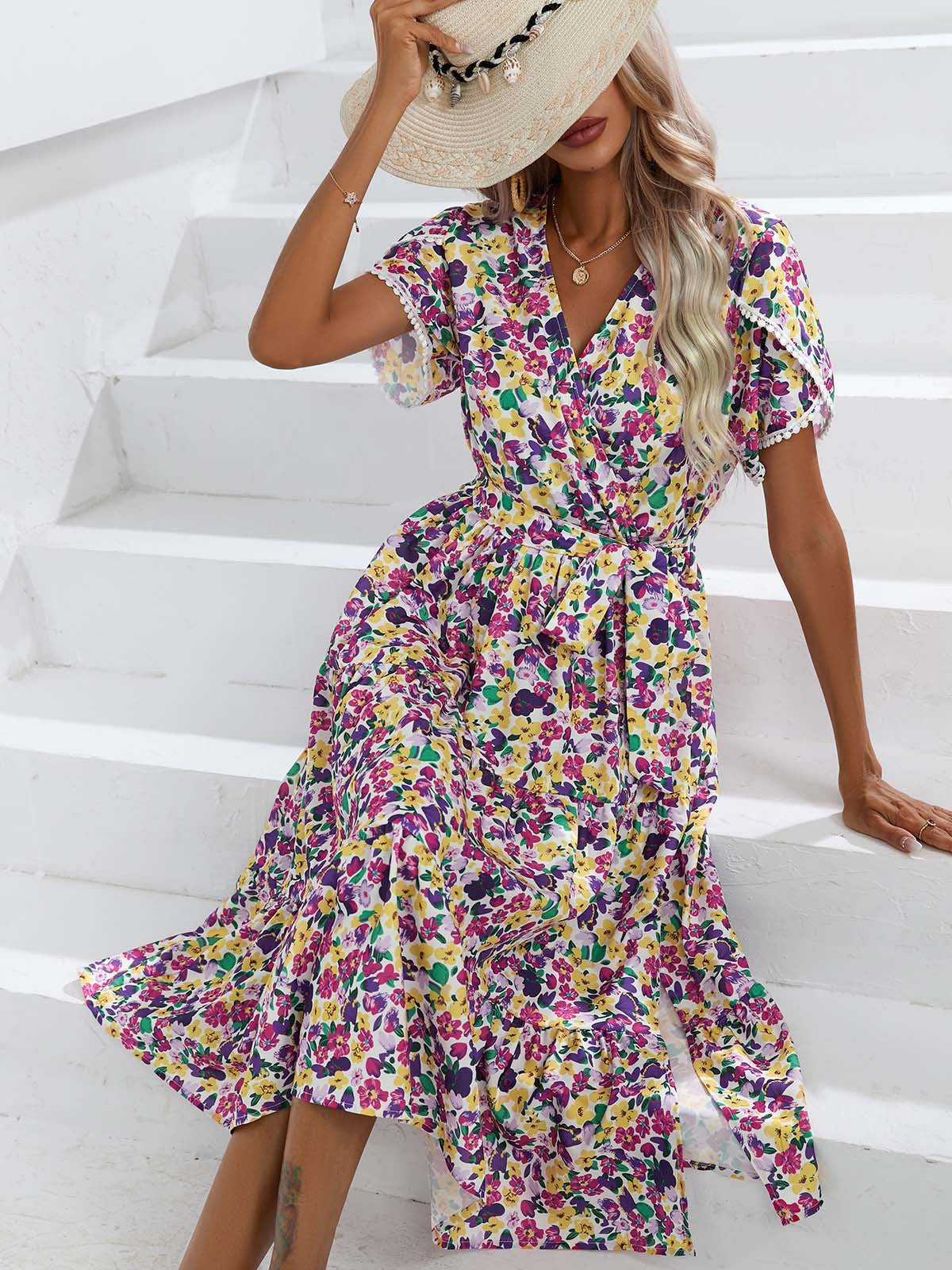 Leisure Summer V Neck Women Midi Dresses