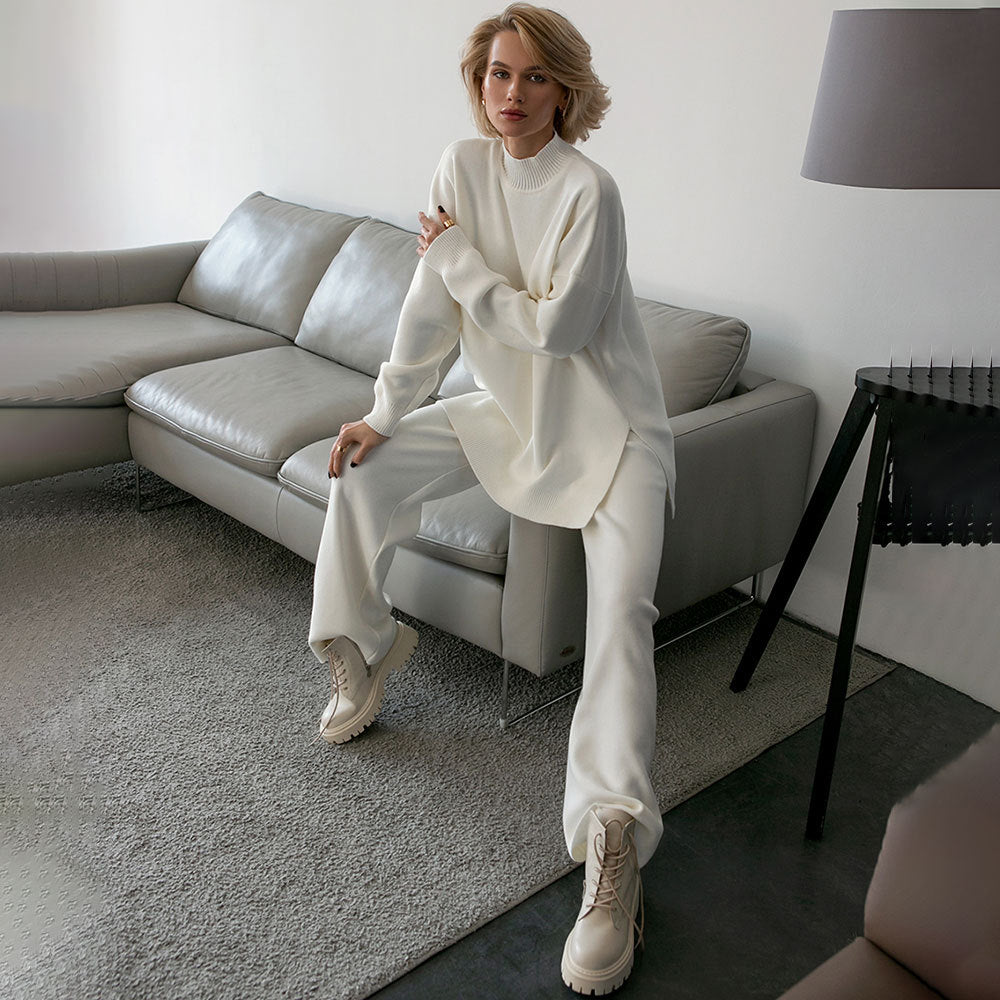 Casual Women High Neck Sweaters and Pants Two Pieces Sets