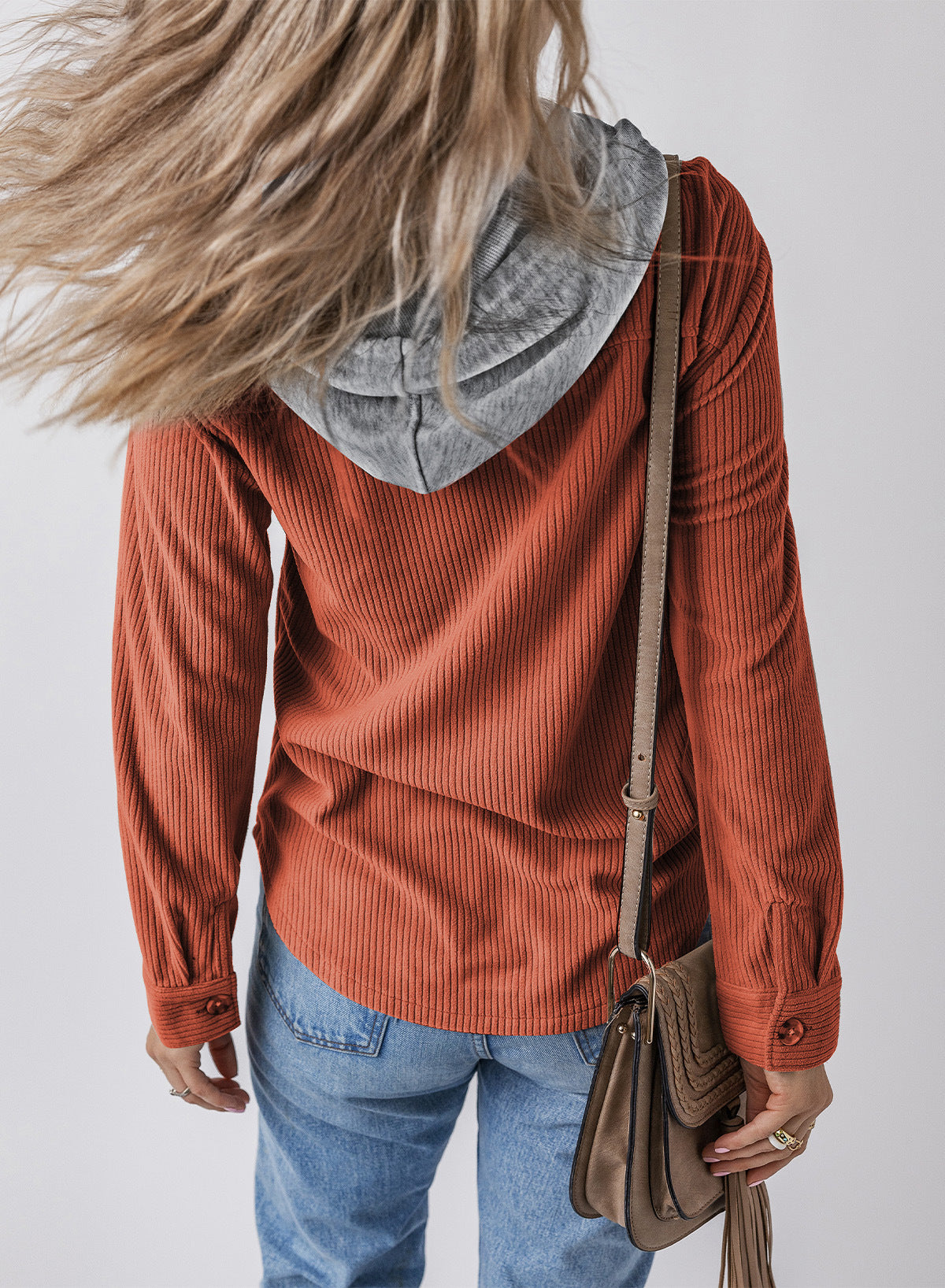 Women Lapel Buckle Cardigan Hooded Pull Rope Striped Jacket Coats