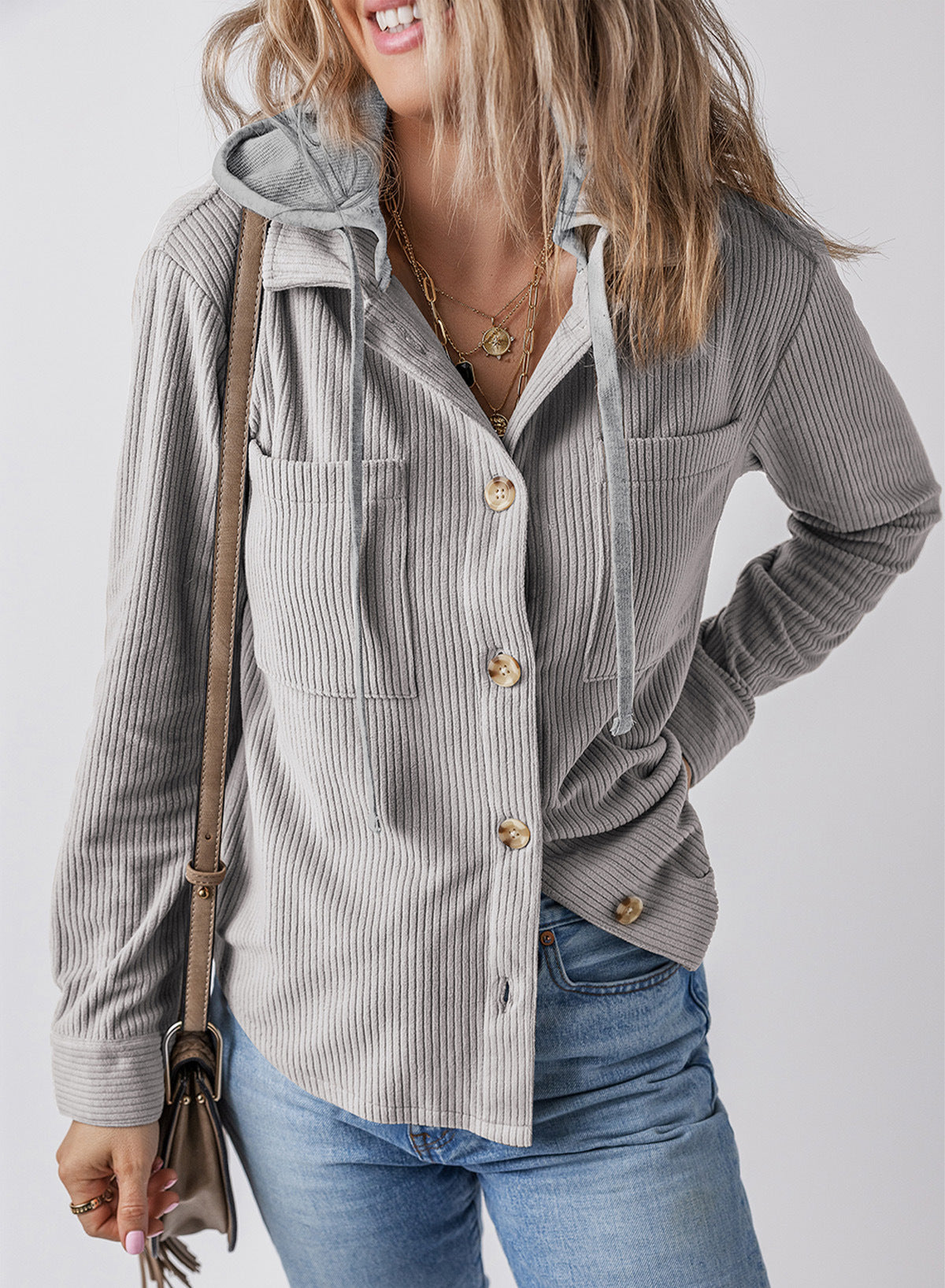 Women Lapel Buckle Cardigan Hooded Pull Rope Striped Jacket Coats