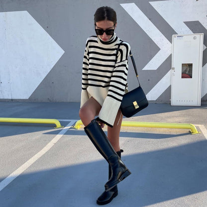 Fashion High Neck Striped Pullover Sweaters