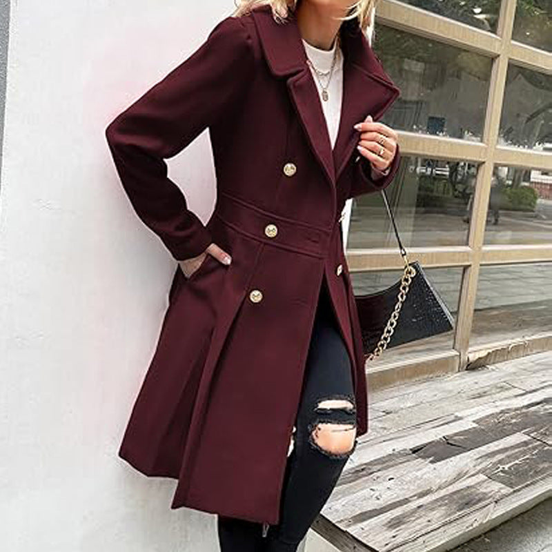 Fashion Women's Trench Coat Lapel Double-breasted Pocket A-shaped Pea Coat