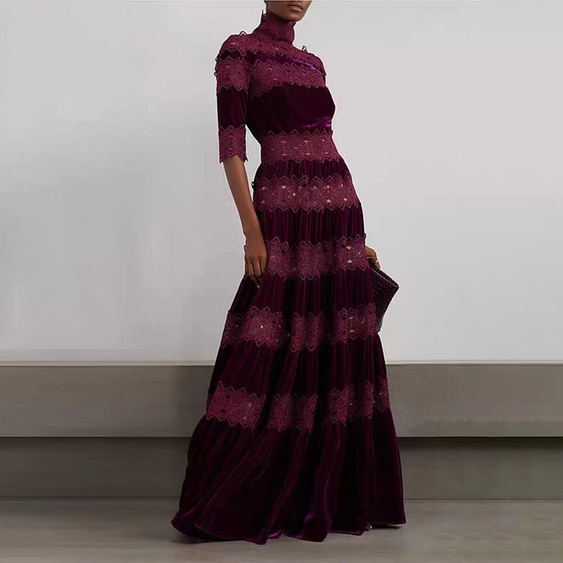 Vintage High Neck Designed Lace Long Dresses