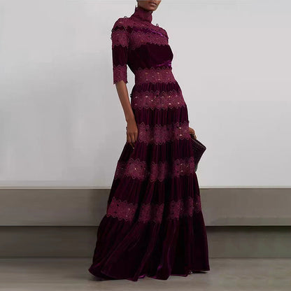 Vintage High Neck Designed Lace Long Dresses