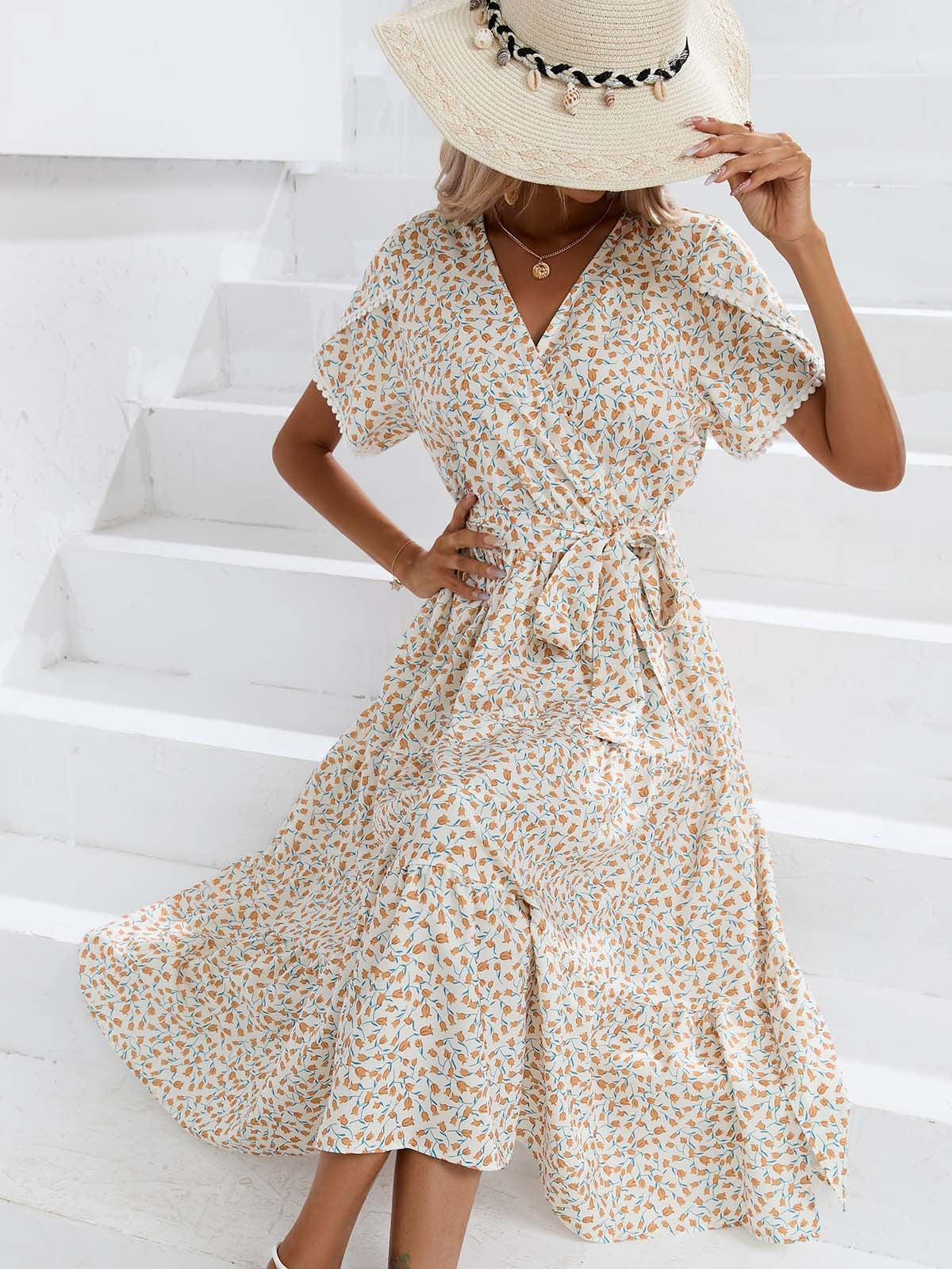 Leisure Summer V Neck Women Midi Dresses