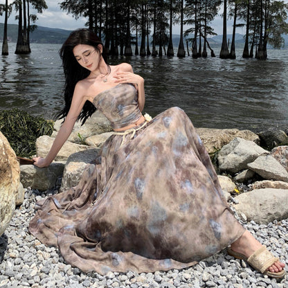 Luxury Vintage Summer Strapless Tops and Long Skirts Suits