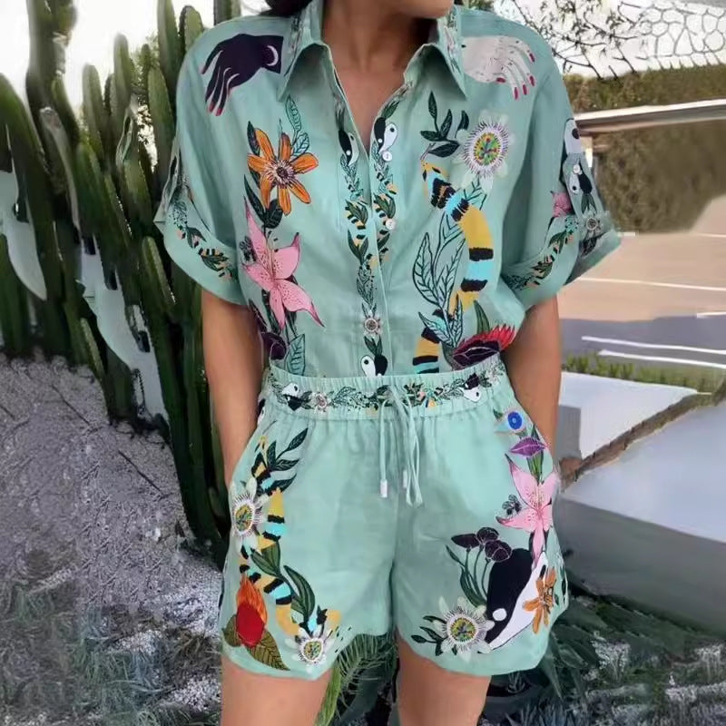 Green Linen Two Pieces Shirts and Short Pants