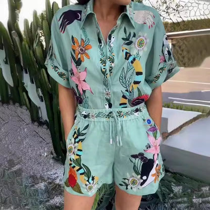 Green Linen Two Pieces Shirts and Short Pants