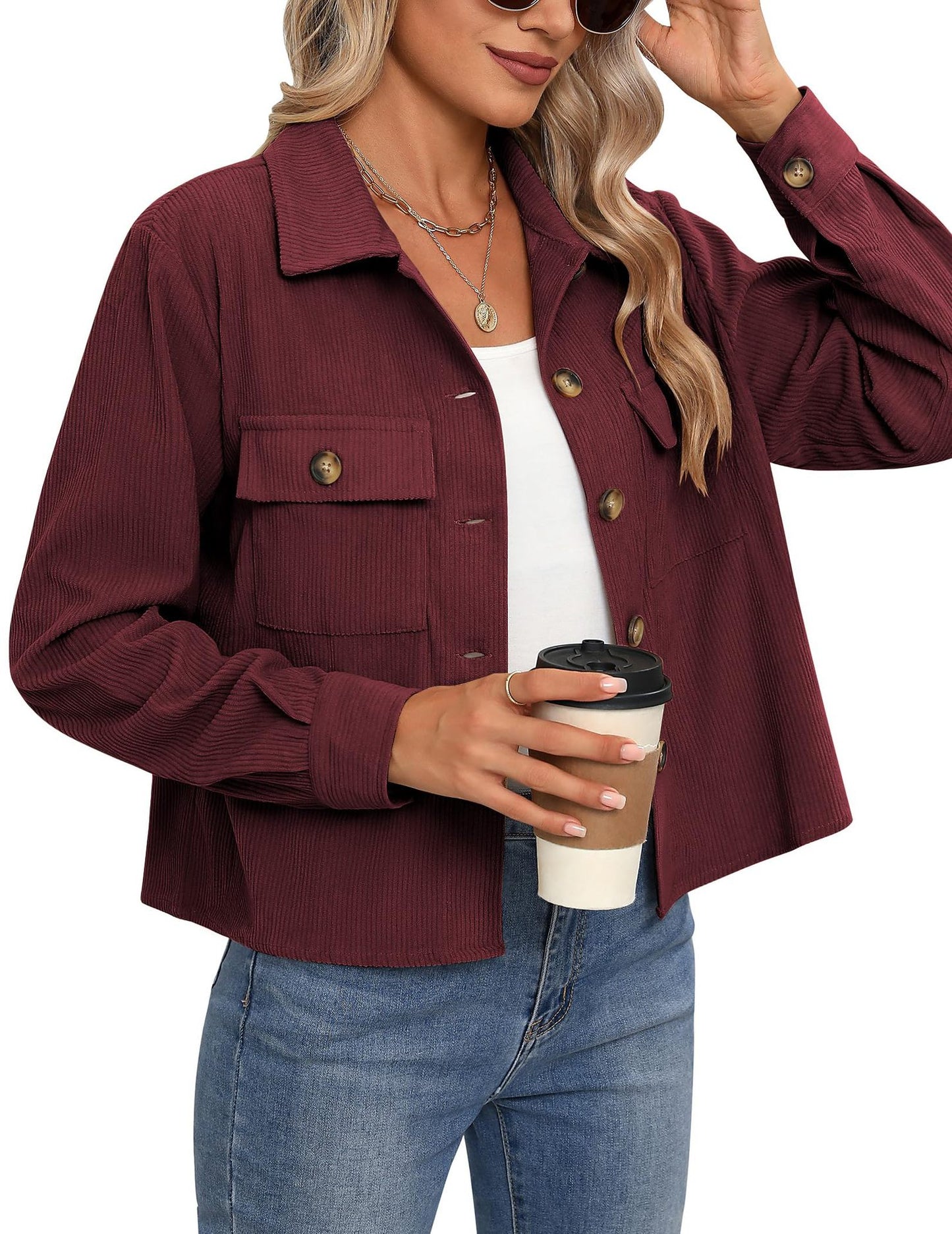 Women's Fashion Casual Short Shirt Corduroy Button-up Top Jackets