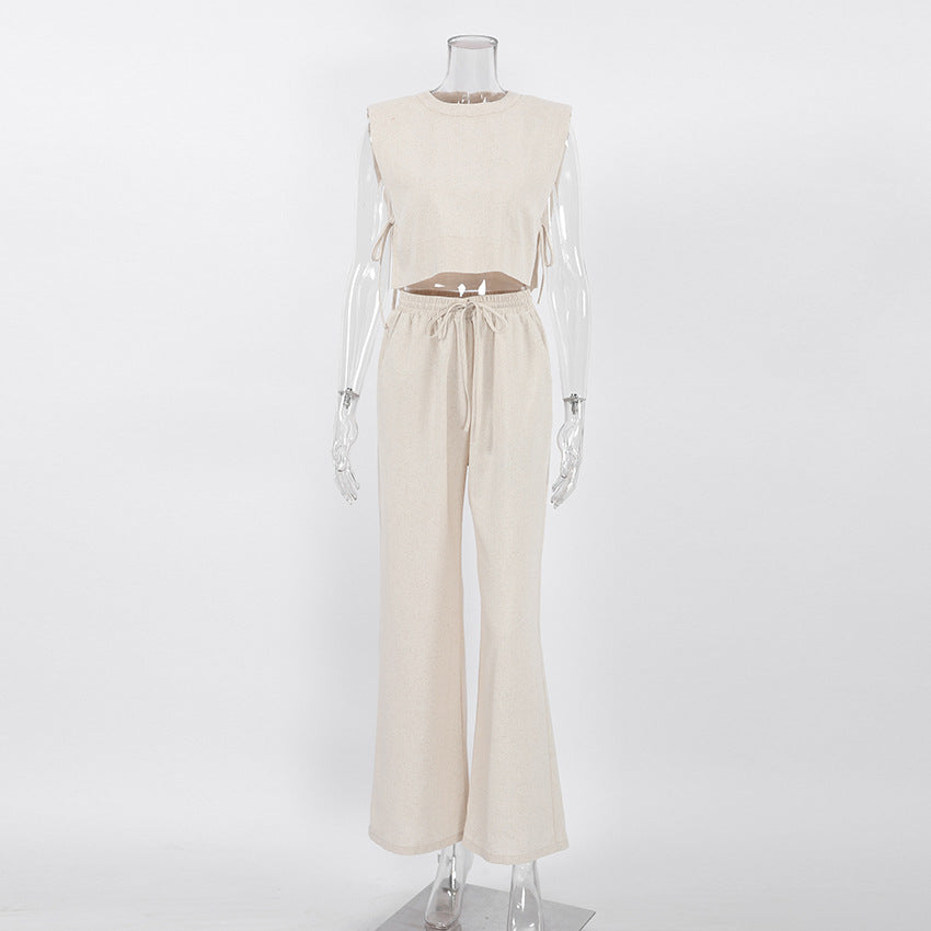 Casual Summer Cotton Linen Sleeveless Tops & Cropped Pants Suits