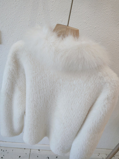 White Fox Fur Neck Short Knitted Jackets for Women