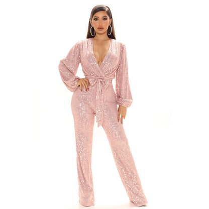 Fashion Sequined V Neck Long Sleeves Tops and Pants