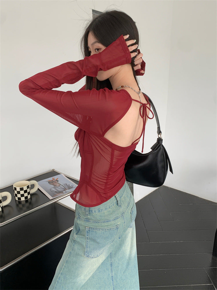 Fashion Square Neckline Tulle Long Sleeves Wine Red Summer Shirts