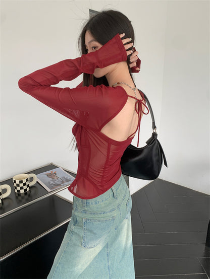Fashion Square Neckline Tulle Long Sleeves Wine Red Summer Shirts