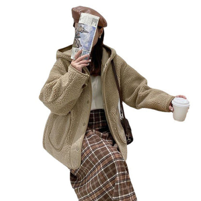 Fashion Women Lamb Wool Thickened Hooded Coats