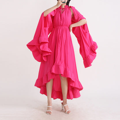 Designed V Neck Ruffled Long Sleeves Cloak Dresses