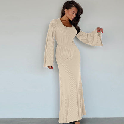 Sexy U Neck Back Lace Up Long Sleeves Dresses