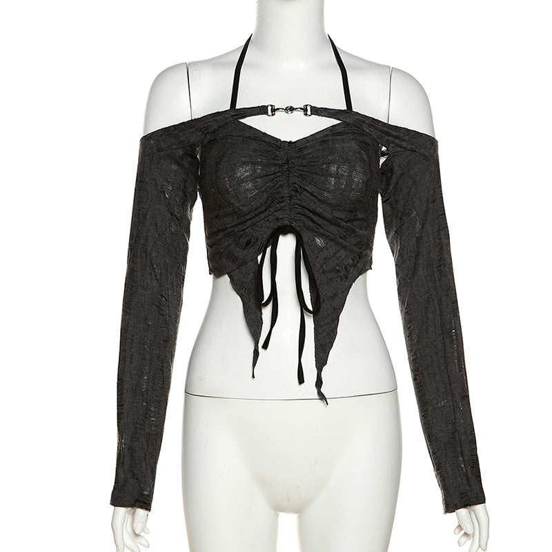 Fashion Gray Off The Shoulder Halter Short Shirts