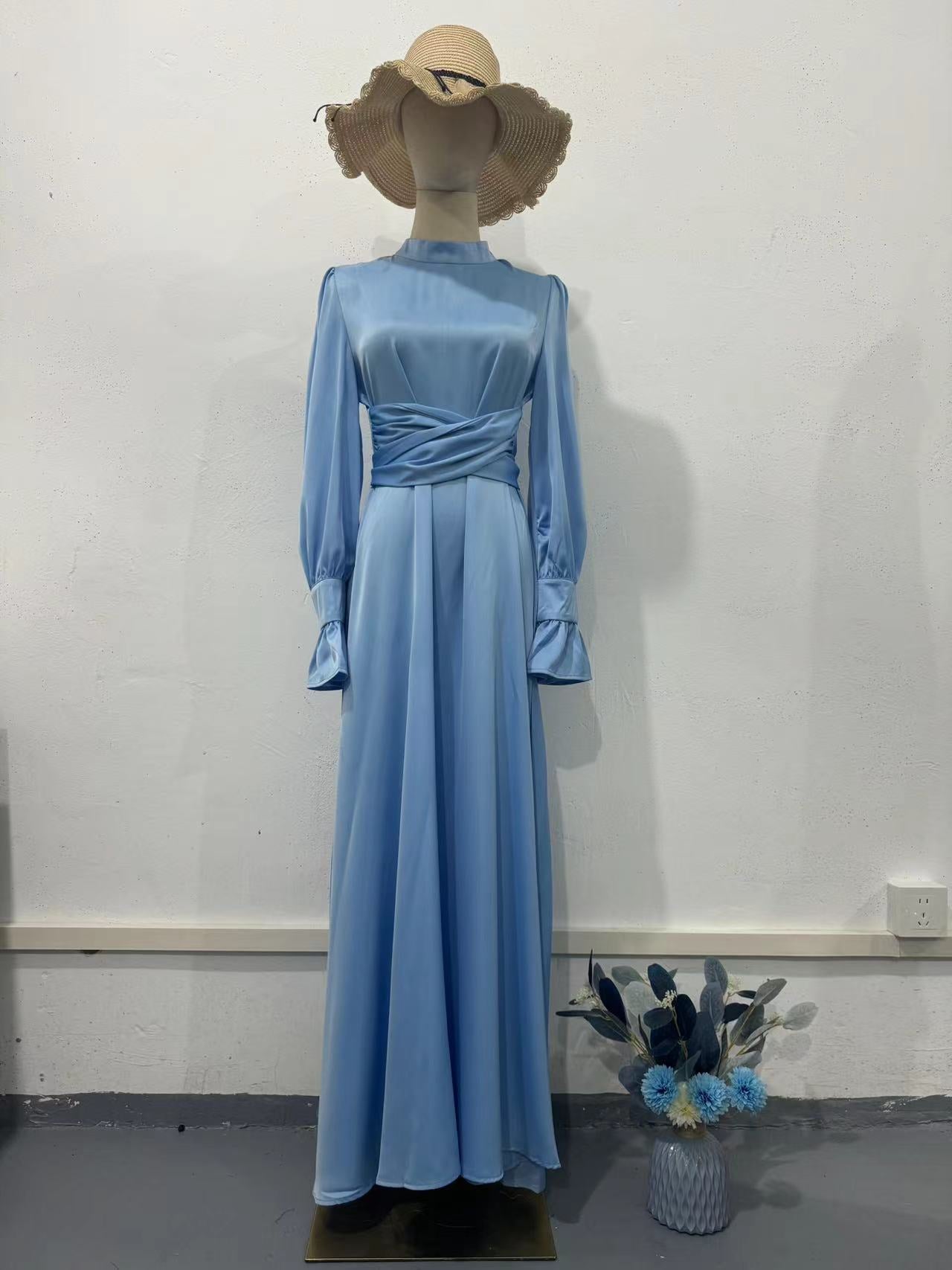 Elegant Long-sleeved Waist-tied Puff-sleeved  Women Dresses